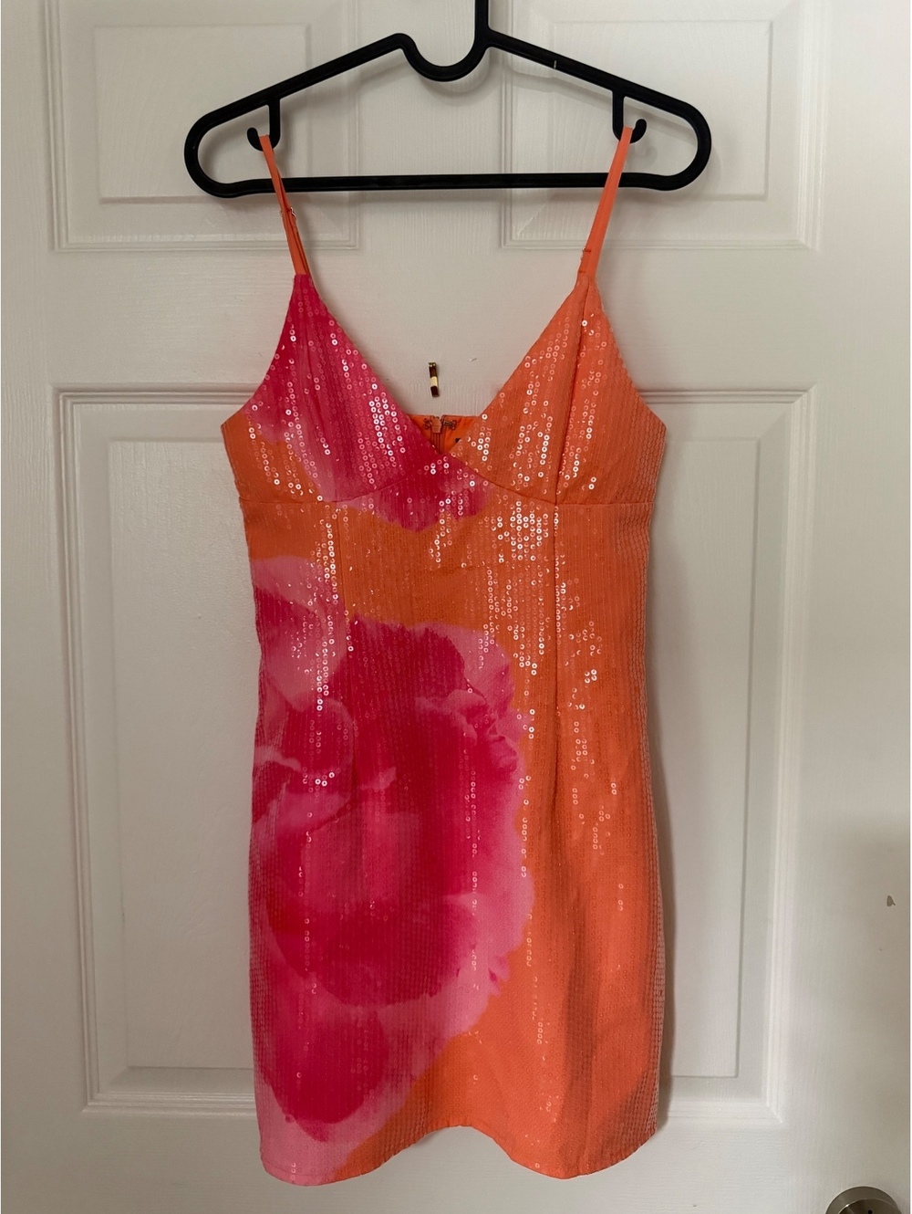 Orange and Pink Sequin Floral Spaghetti Strap Mini Dress - #1266